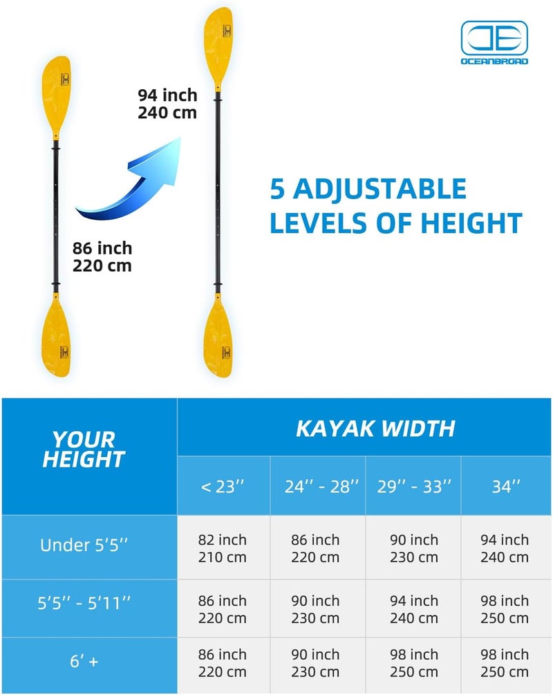 OCEANBROAD Adjustable Kayak Paddle 86in/220cm to 94in/240cm Kayaking Boating Canoeing Oar with Paddle Leash 1 Paddle - Image 3